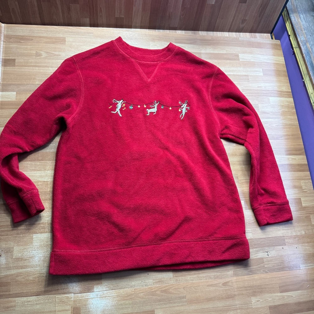 Red Christmas sweater with dancing reindeer size small long sleeve